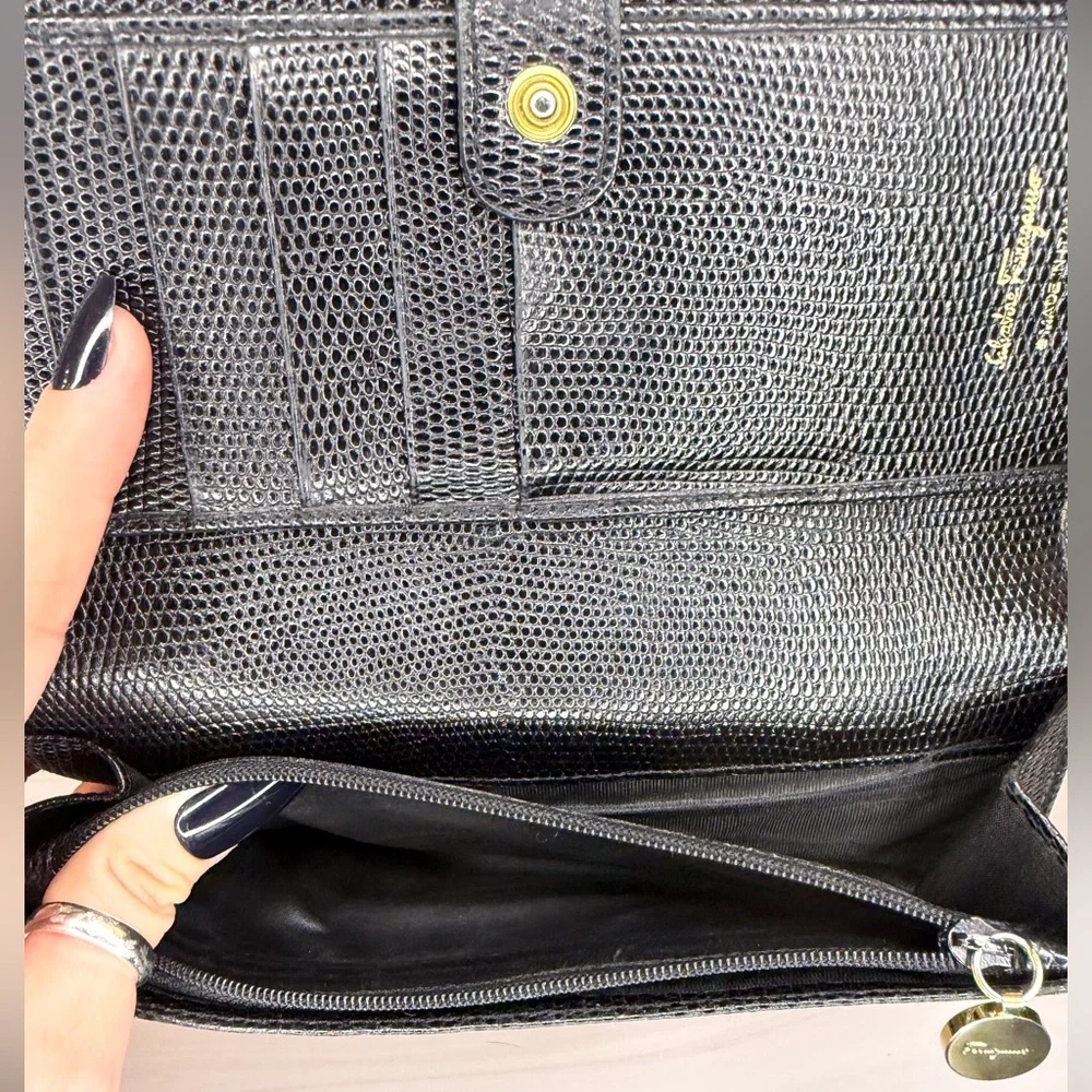 Salvatore Ferragamo Black Embossed Leather Long Wallet Gancini Gold Hardware